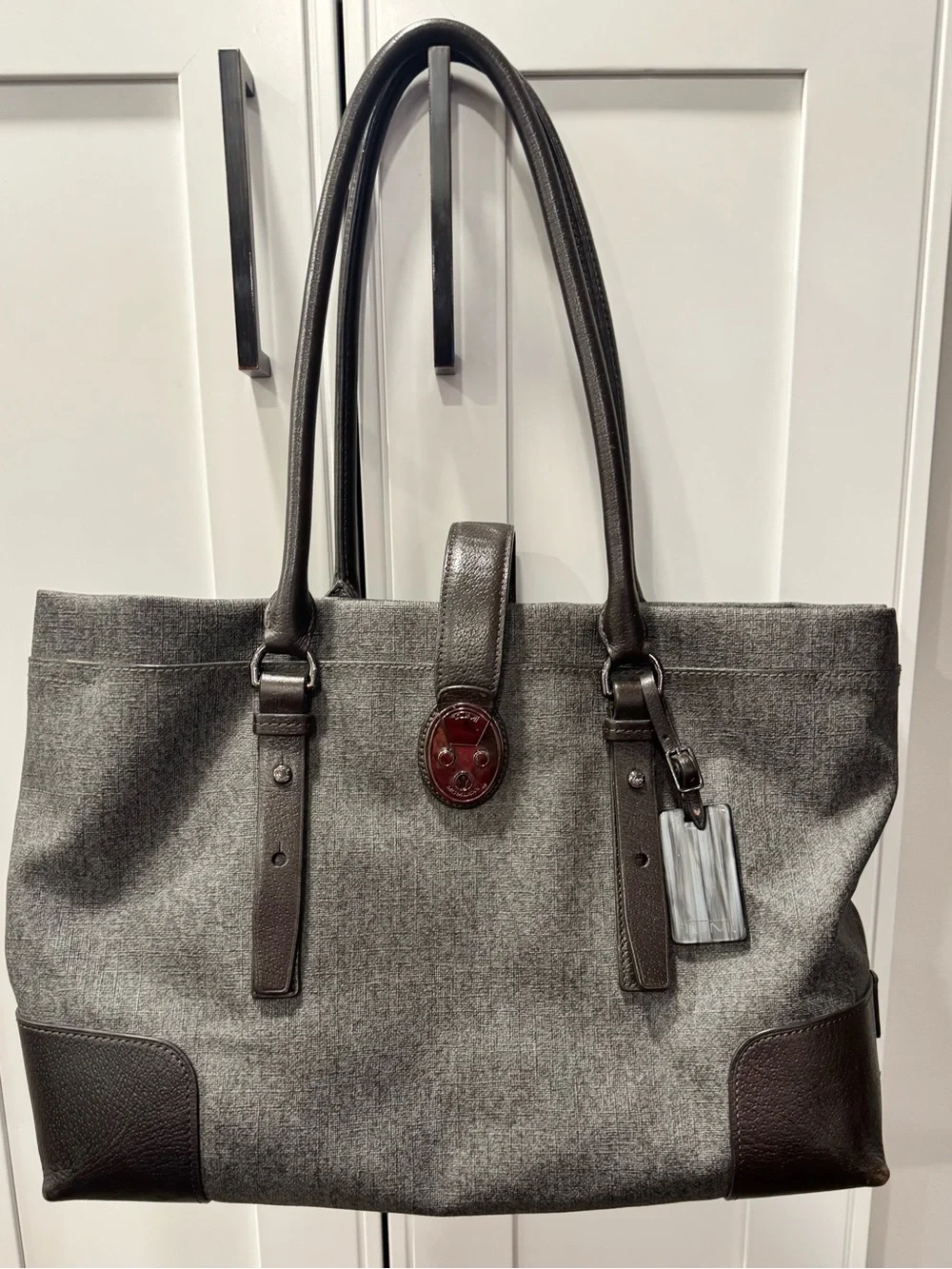 Tumi Lockable Villa Turin Shopper Laptop Bag Grey Coated Twill Brown Leather